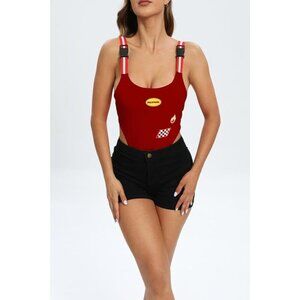 Strappy Checkerboard & Fire Print Striped Patchwork Bodysuit - Size S, NWT